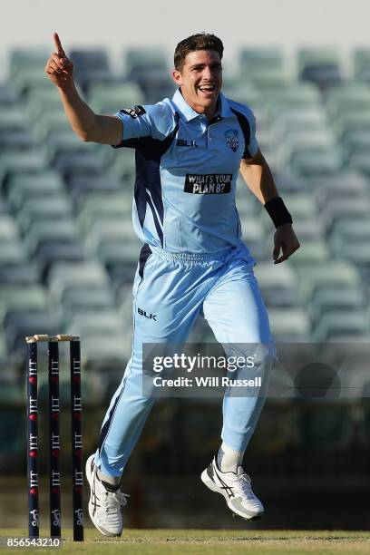 Sean Abbott of the Blues celebrates after taking the last wicket to defeat the Tigers during the One Day Cup match between New South Wales and...