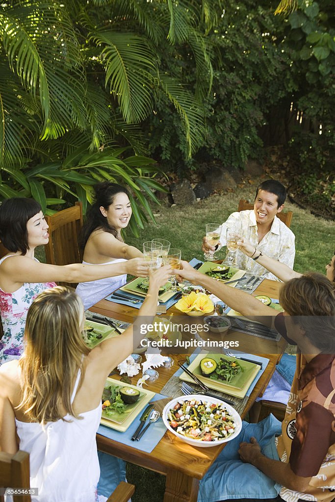 Guests toasting at garden party