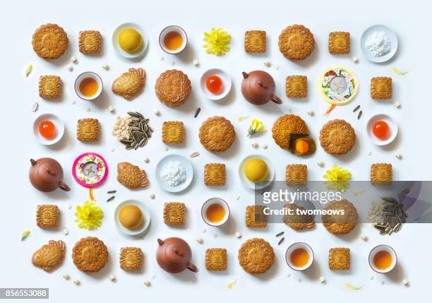 conceptual flat lay mid-autumn festival pattern still life. - mooncake stock pictures, royalty-free photos & images