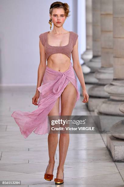 Model walks the runway during the Veronique Leroy Ready to Wear Spring/Summer fashion show as part of the Paris Fashion Week Womenswear Spring/Summer...