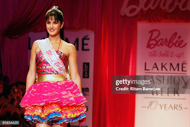 Bollywood Actress and Supermodel Katrina Kaif walks the runway at the BARBIE show by Nishka Lulla during the Lakme India Fashion Week Autumn/Winter...
