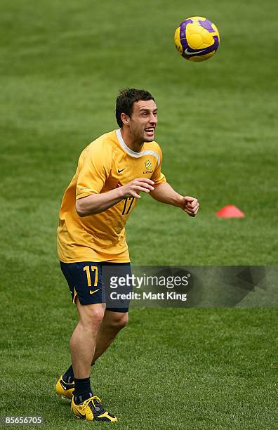 Scott McDonald heads the ball during an Australian Socceroos trainng session held at ANZ Stadium on March 27, 2009 in Sydney, Australia.