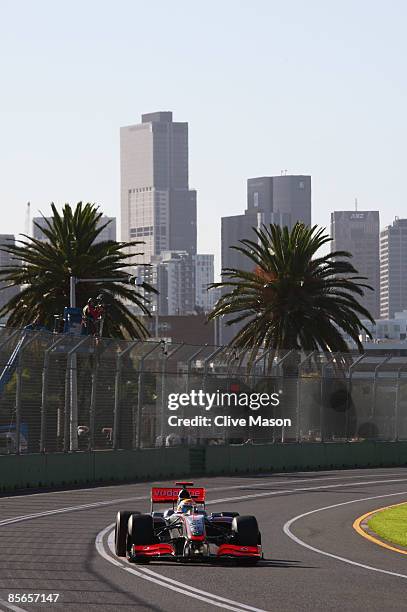 Lewis Hamilton of Great Britain and McLaren Mercedes drives during practice for the Australian Formula One Grand Prix at the Albert Park Circuit on...