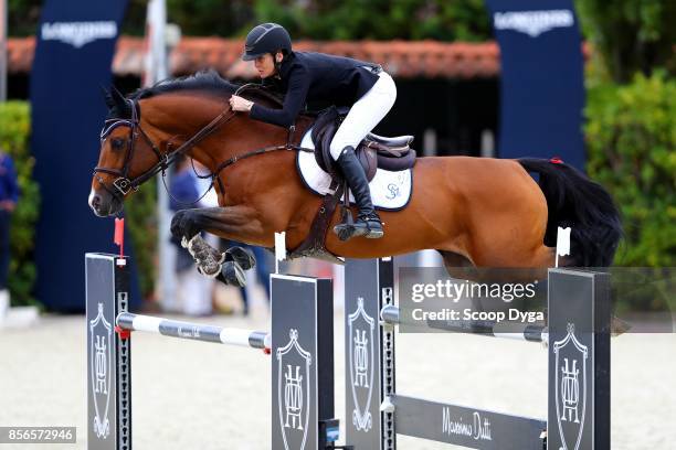 Samantha MCINTOSH of New Zealand riding Check In 2 during the Longines FEI Nations Cup Jumping Final at CSIO5 on October 1, 2017 in Barcelona, Spain.