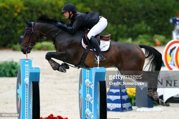 Diego PEREZ BILBAO of Spain riding Quinty du Buisson during the Longines FEI Nations Cup Jumping Final at CSIO5 on October 1, 2017 in Barcelona,...