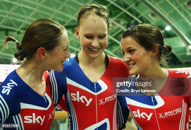 Team GB riders Wendy Houvenaghel, Joanna Rowsell and Elizabeth Armitstead celebrate winning a gold medal in the Women's Team Pursuit during the UCI...