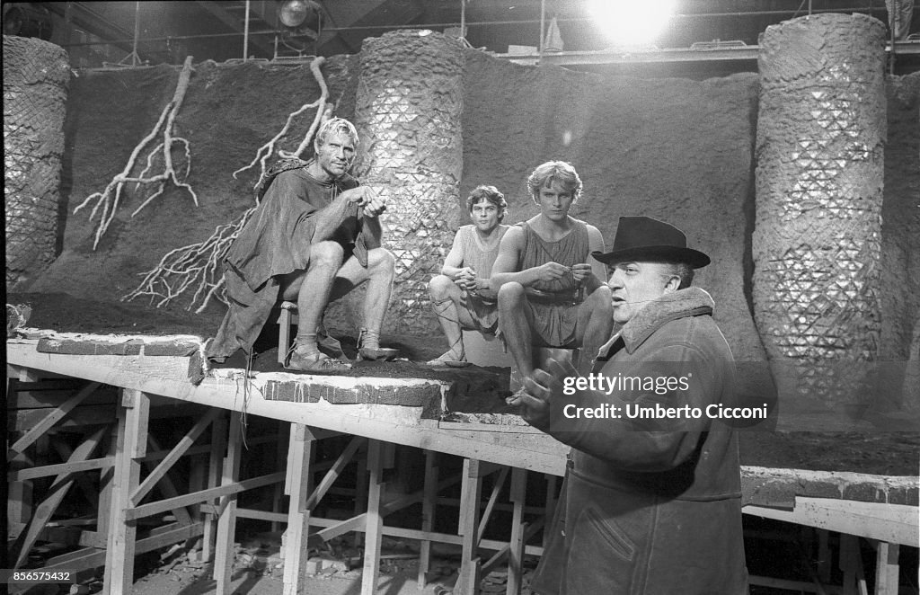 Federico Fellini with the actor Hiram Keller during the movie Satyricon in 1969