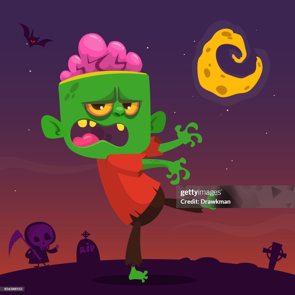 Vector Cartoon Image Of A Funny Happy Zombie Smiling On A Night Background  With Cemetery Grim Reaper Tombs And Moon Halloween Vector Illustration  Isolated High-Res Vector Graphic - Getty Images