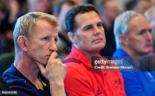 Dublin , Ireland - 2 October 2017; Leinster head coach Leo Cullen, left, and Munster head coach Rassie Erasmus in attendance at the European Rugby...