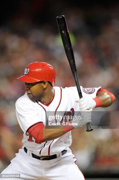 Alejandro De Aza of the Washington Nationals bats against the Philadelphia Phillies at Nationals Park on September 7, 2017 in Washington, DC.