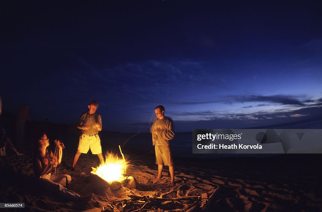 Bonfire on beach with ocean in background.