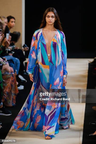 Model walks the runway during the Leonard Paris show as part of Paris Fashion Week Womenswear Spring/Summer 2018 on October 2, 2017 in Paris, France.