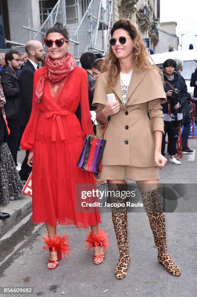 Giovanna Battaglia and Sara Battaglia are seen arriving at Giambattista Valli show during Paris Fashion Week on October 2, 2017 in Paris, France.