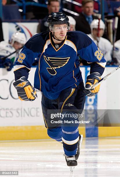 Brad Boyes of the St. Louis Blues skates against the Vancouver Canucks on March 26, 2009 at Scottrade Center in St. Louis, Missouri.