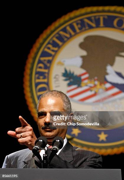 Attorney General Eric Holder delivers remarks during his ceremonial installation at George Washington University March 27, 2009 in Washington, DC....