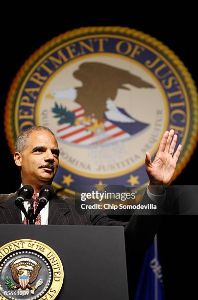 Attorney General Eric Holder delivers remarks during his ceremonial installation at George Washington University March 27, 2009 in Washington, DC....