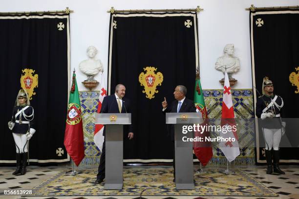 Portugal's President Marcelo Rebelo de Sousa and Georgia's President Giorgi Margvelashvili deliver a statement to the press at the Belem Palace in...