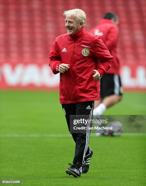 Scotland manager Gordon Strachan is seen during a training session ahead of the FIFA 2018 World Cup Qualifier against Slovakia at Hampden Park on...