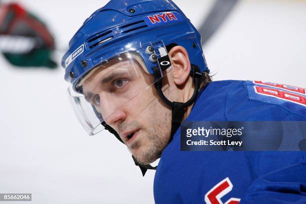 Blair Betts of the New York Rangers prepares for a faceoff against the Minnesota Wild on March 24, 2009 at Madison Square Garden in New York City....