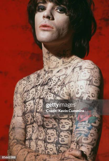 Guitarist and songwriter Richey James Edwards of Welsh rock group Manic Street Preachers, 23rd September 1992. He is wearing a temporary tattoo of...