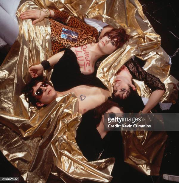 Welsh rock group Manic Street Preachers, May 1991. Clockwise from top: bassist Nicky Wire, guitarist Richey James Edwards, drummer Sean Moore and...
