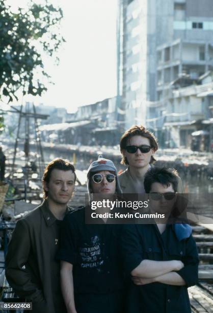 Welsh rock group Manic Street Preachers, Bangkok, 27th April 1994. Left to right: singer James Dean Bradfield, guitarist Richey James Edwards,...