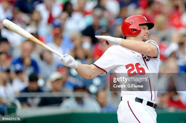 Adam Lind of the Washington Nationals bats against the Los Angeles Dodgers at Nationals Park on September 16, 2017 in Washington, DC.