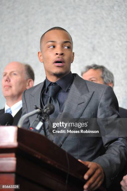 Recording artist Clifford "T.I." Harris address the media after his sentencing hearing at the Richard B. Russell Federal Building and United States...