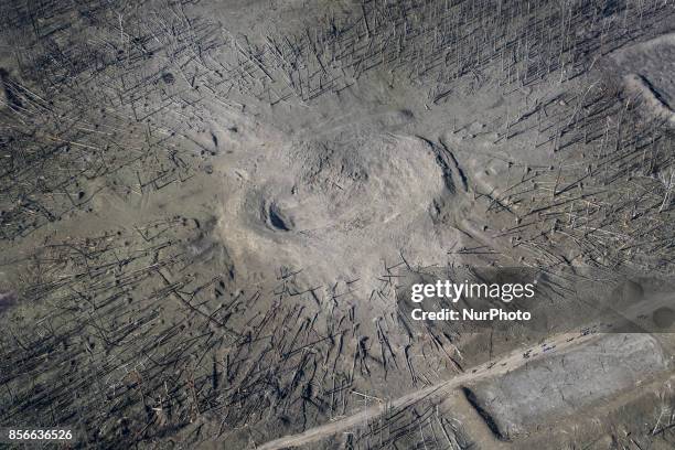 An aerial view shows the territory of a military base following recent massive explosions at ammunition depots in the Vynnytsya region, Ukraine...