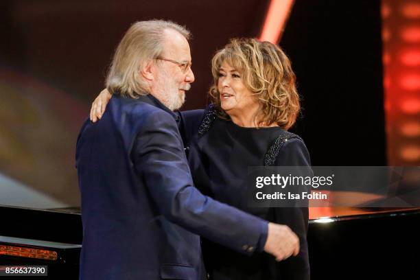 Former ABBA member Benny Andersson and Norwegian singer Wencke Myhre during the tv show 'Willkommen bei Carmen Nebel' at TUI Arena on September 30,...