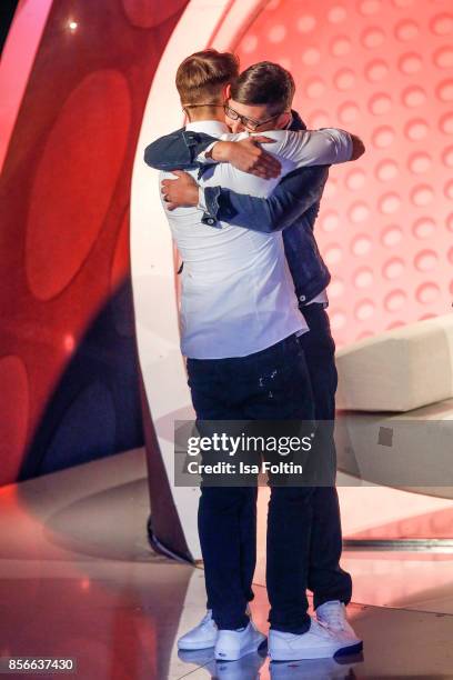 Cancer patient with the man who gave her his bone marrow during the tv show 'Willkommen bei Carmen Nebel' at TUI Arena on September 30, 2017 in...