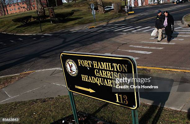 Civilians walk around an intersection at Fort Hamilton, New York City's only active-duty military base, on March 27, 2009 in the Brooklyn borough of...