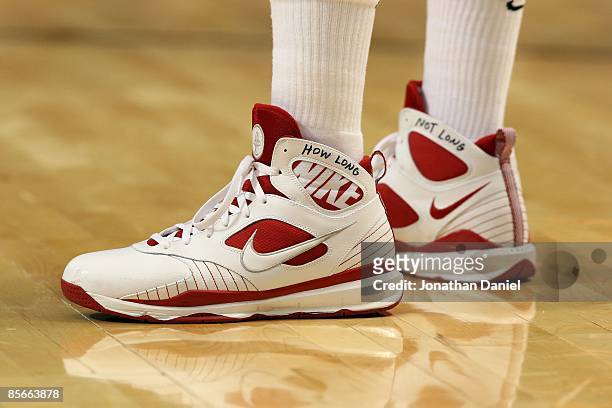 Detail of Nike sneakers worn by a player from the Dayton Flyers against the Kansas Jayhawks during the second round of the NCAA Division I Men's...