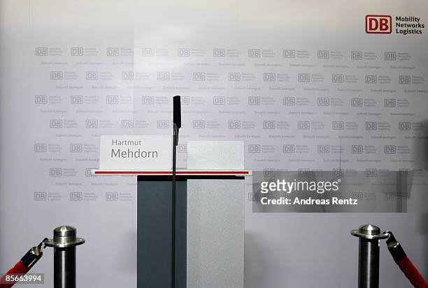 The empty speaker podium of German state rail carrier Deutsche Bahn head Hartmut Mehdorn is seen prior to a press conference at DB headquarters on...