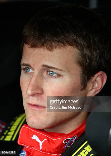 Kasey Kahne, driver of the Budwiser Dodge, sits in his car prior to practice for the NASCAR Sprint Cup Series Goody�s Fast Pain Relief 500 at the...