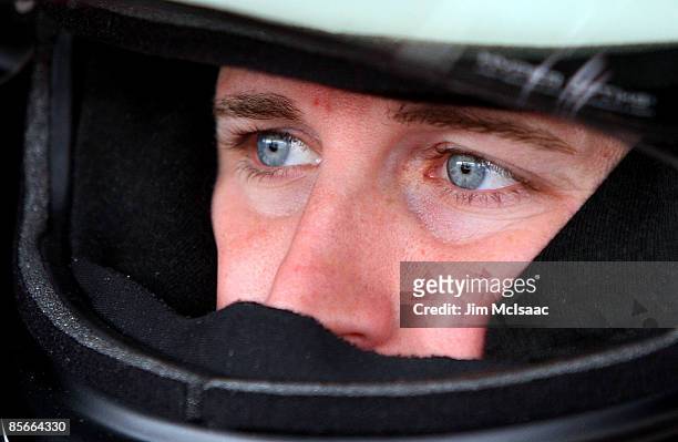 Kasey Kahne, driver of the Budwiser Dodge, sits in his car prior to practice for the NASCAR Sprint Cup Series Goody�s Fast Pain Relief 500 at the...