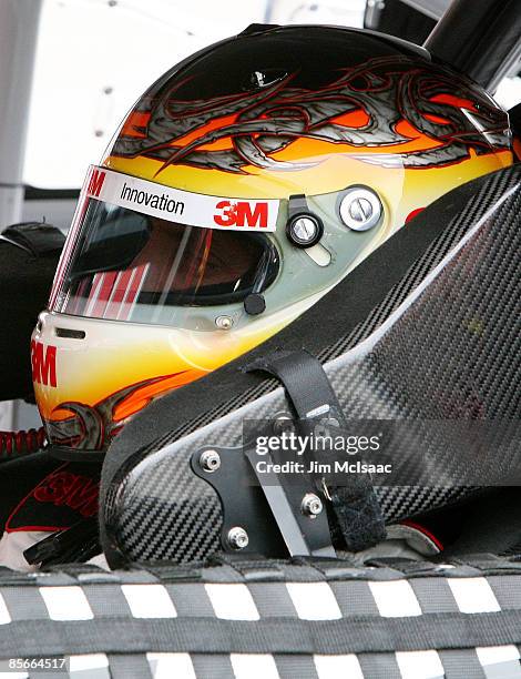 Greg Biffle, driver of the 3M Ford, sits in his car during practice for the NASCAR Sprint Cup Series Goody�s Fast Pain Relief 500 at the Martinsville...