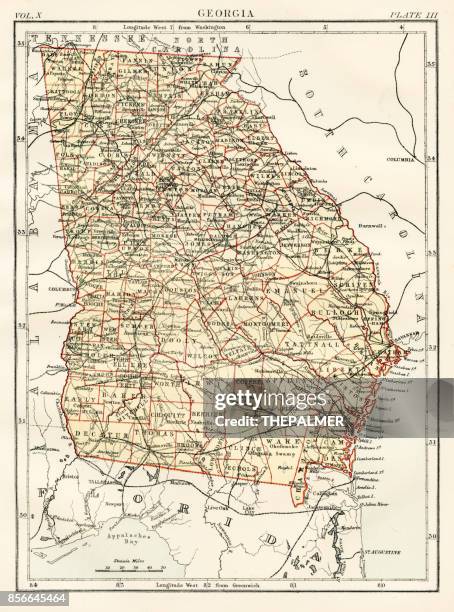 georgia map 1884 - georgia map stock illustrations