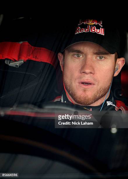 Brian Vickers, driver of the Red Bull Toyota, drives during practice for the NASCAR Sprint Cup Series Goody�s Fast Pain Relief 500 at the...