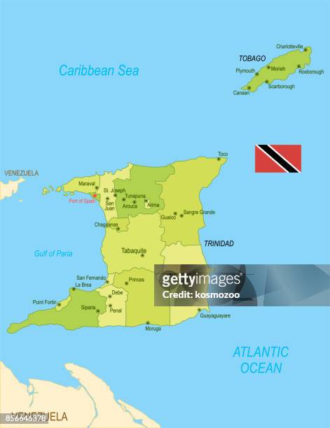 flat map of trinidad and tobago with flag - trinidad and tobago stock illustrations