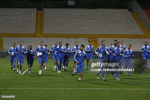 Greek national football team players train at Ramat Gan stadium in Tel Aviv on March 27 ahead of their World Cup 2010 qualifier against Israel on...