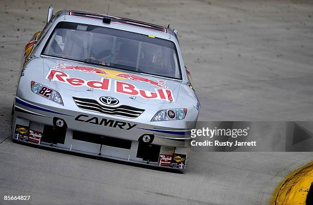 Scott Speed, driver of the Red Bull Toyota, drives during practice for the NASCAR Sprint Cup Series Goody�s Fast Pain Relief 500 at the Martinsville...