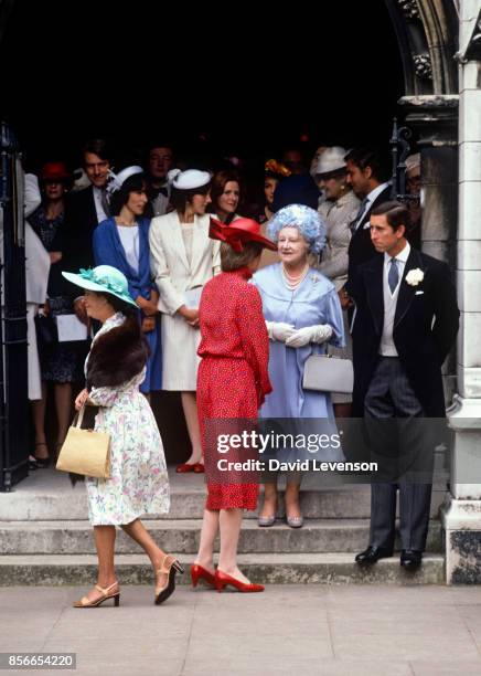 Diana, Princess of Wales, Princess Margaret, the Queen Mother and Prince Charles leaving the wedding of Nicholas Soames on June 4, 1981 at St....