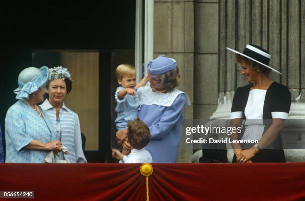 Queen Mother, Princess Margaret, Princess Diana, Prince William and Princess Michael on the balcony of Buckingham Palace for Trooping The Colour on...