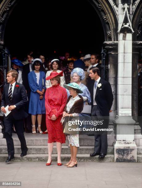 Diana, Princess of Wales, Princess Margaret, the Queen Mother and Prince Charles leaving the wedding of Nicholas Soames on June 4, 1981 at St....