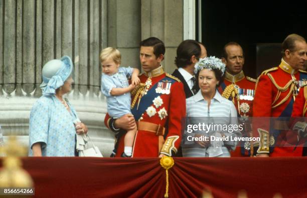 Queen Mother, Princess Margaret, Prince Philip, Prince William, Prince Charles on the balcony of Buckingham Palace for Trooping The Colour on June...