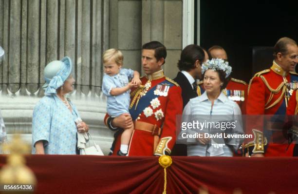 Queen Mother, Princess Margaret, Prince Philip, Prince William, Prince Charles on the balcony of Buckingham Palace for Trooping The Colour on June...