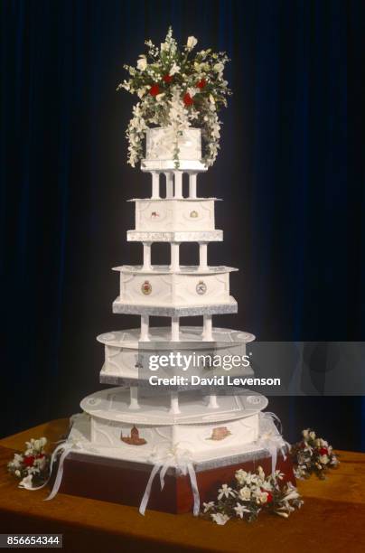 The wedding cake on display at Charles & Diana Royal Wedding, 29th July 1981.
