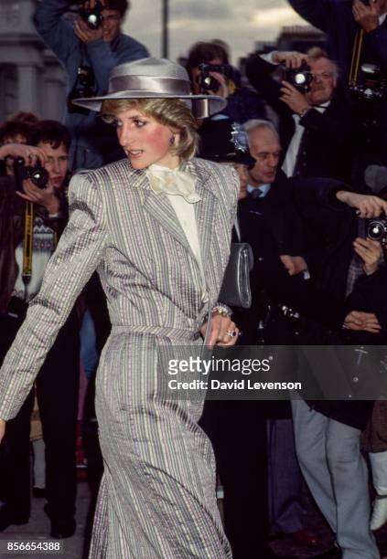 Princess Diana leaving the wedding of her former flatmate Anne Bolton, in Chelsea, London on October 28, 1983