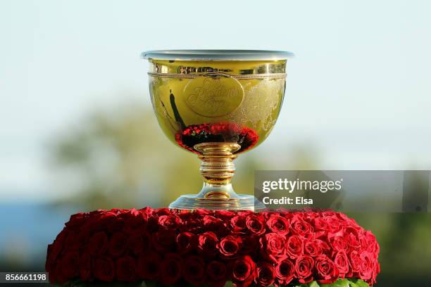 The trophy is displayed prior to its presentation after Sunday singles matches of the Presidents Cup at Liberty National Golf Club on October 1, 2017...